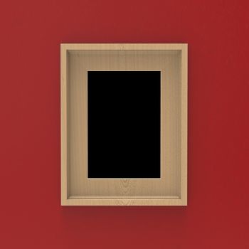 blank wooden frame on red wall . 3d illustration mockup design.