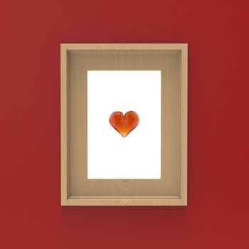 blank wooden frame on red wall with glass gem heart inside . 3d illustration mockup design.