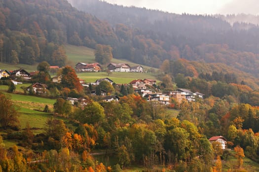 Sunny October day in Austria. Autumn in Alpine mountains