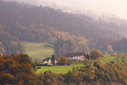 Sunny October day in Austria. Autumn in Alpine mountains