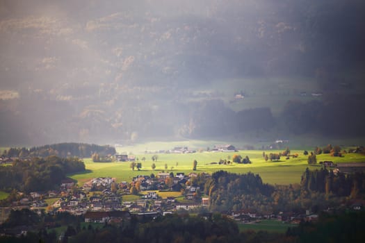 Sunny October day in Austria. Autumn in Alpine mountains