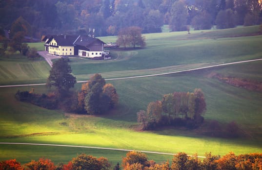 Sunny October day in Austria. Autumn in Alpine mountains