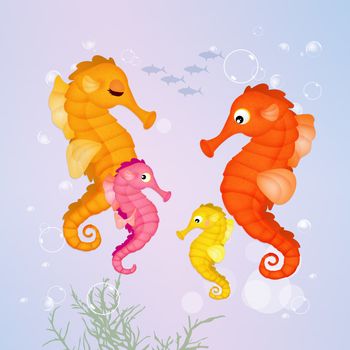 illustration of seahorses family in the ocean