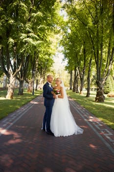 Newlyweds tenderly embraced in the park standing in the alley