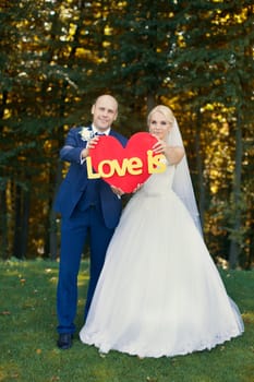 Newlyweds are holding a red heart on a green glade