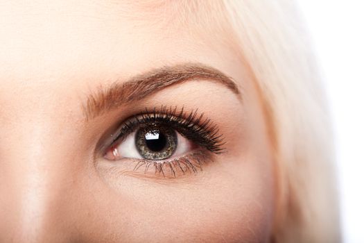 Beautiful eye with long lashes and eyebrow of Caucasian woman