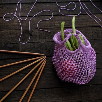 Handmade handbag to go market, hand bag knit from purple yarn, hobby leisure to make gift for woman or mom in mother day