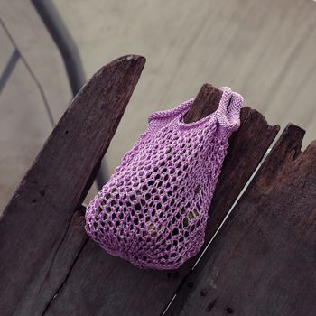 Handmade handbag to go market, hand bag knit from purple yarn, hobby leisure to make gift for woman or mom in mother day