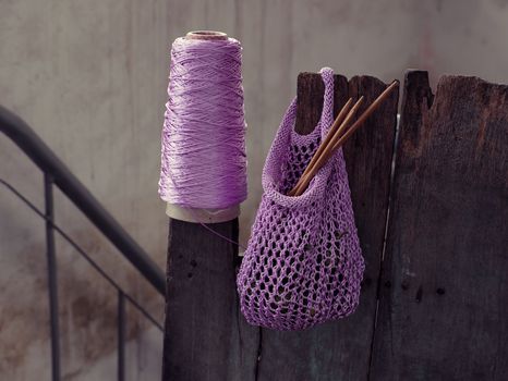 Handmade handbag to go market, hand bag knit from purple yarn, hobby leisure to make gift for woman or mom in mother day