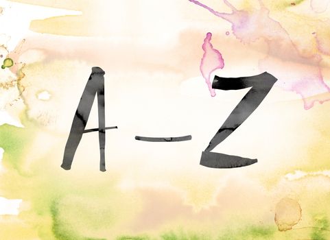 The word "A-Z" painted in black ink over a colorful watercolor washed background concept and theme.