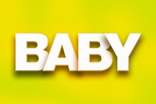 The word "Baby" written in white 3D letters on a colorful background concept and theme.