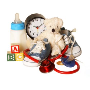 An isolated group of items related to the pediatricians theme for good use in healthcare designs.