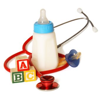 An isolated group of items related to the pediatricians theme for good use in healthcare designs.