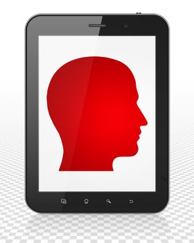 Marketing concept: Tablet Pc Computer with red Head icon on display, 3D rendering
