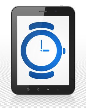 Time concept: Tablet Pc Computer with blue Hand Watch icon on display, 3D rendering