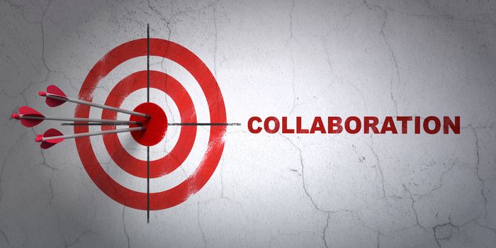 Success business concept: arrows hitting the center of target, Red Collaboration on wall background, 3D rendering