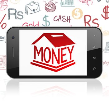 Currency concept: Smartphone with  red Money Box icon on display,  Hand Drawn Finance Icons background, 3D rendering