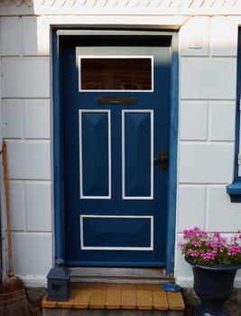 Traditional colorful craft vintage wooden blue white front door Denmark