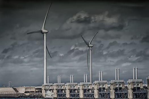 Wind turbine in the sea off the Dutch North Sea coast.