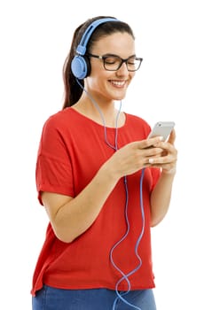 Happy woman listen music on her phone, isolated over white background 