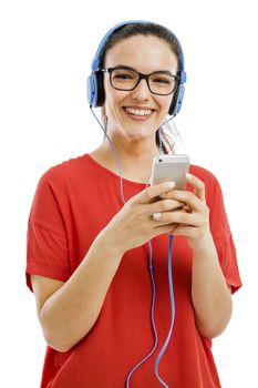 Happy woman listen music on her phone, isolated over white background 