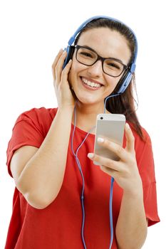 Happy woman listen music on her phone, isolated over white background 