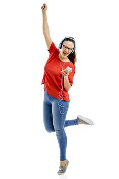 Happy woman listen music on her phone, isolated over white background 