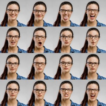Multiple portraits of the same woman making diferent expressions