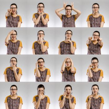 Multiple portraits of the same woman making diferent expressions