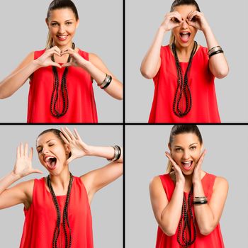 Multiple portraits of the same woman in a good mood making crazy things