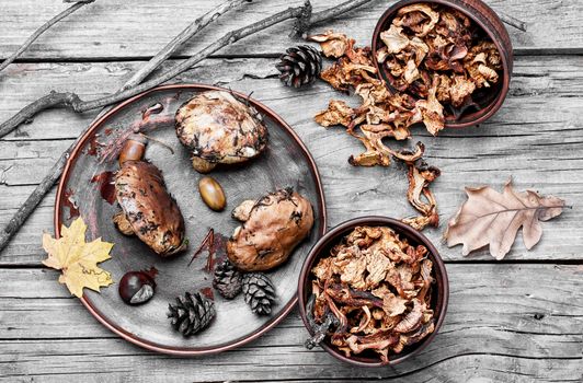 Plate collected in the forest boletus mushrooms on wooden background