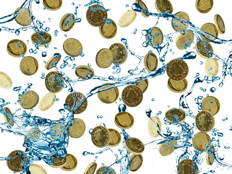 Falling UK Coins isolated on white background against water splash.