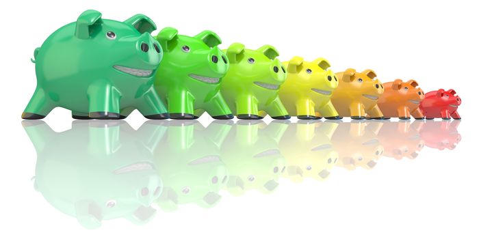 Saving energy consumption concept made of piggy banks. 3D render illustration isolated on white background