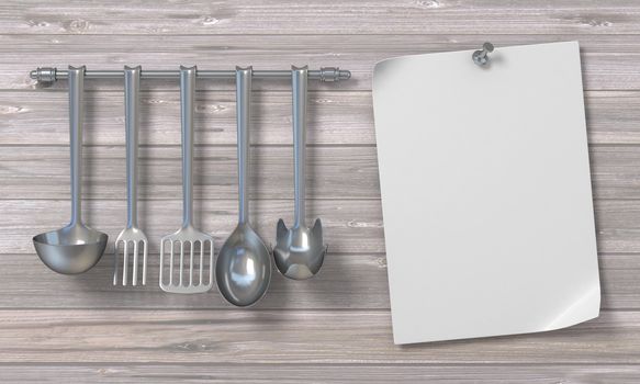 Blank paper with kitchen utensils 3D render illustration on wooden background