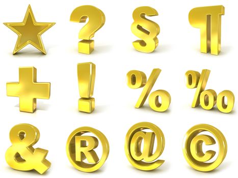 3D golden signs and symbols render illustration isolated on white background