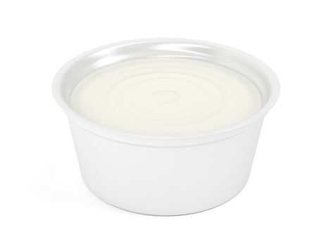 Margarine, butter or cream cheese in plastic packaging on white background