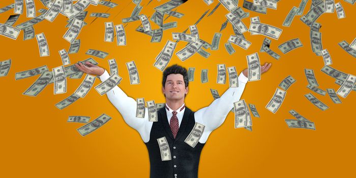 Corporate Business Man Catching Money Falling From the Sky in US Dollars
