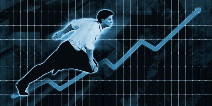 Caucasian Businessman Charging Ahead on Blue Background Art