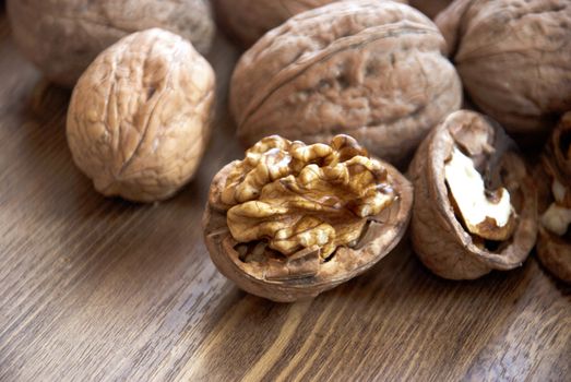 Walnuts, wooden Background, Cracked, Small Group of Objects, Horizontal