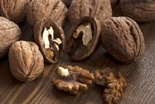 Walnuts, wooden Background, Cracked, Small Group of Objects, Horizontal