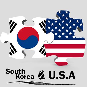 USA and South Korea Flags in puzzle isolated on white background, 3D rendering