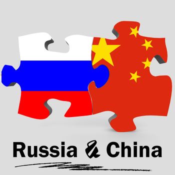 China and Russia Flags in puzzle isolated on white background, 3D rendering