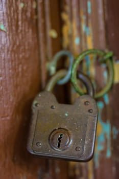 Old rusty lock on the wooden gate