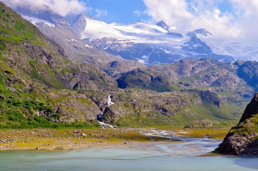 alpine mountain glacier lake in the Switzerland alps on sunny day