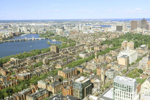 Aerial view of Boston City Skyline in the Boston Harbor where the famous tea party ocurred. The Boston Tea Party arose from two issues confronting the British Empire in 1765: the financial problems of the British East India Company; and an ongoing dispute about the extent of Parliament's authority
