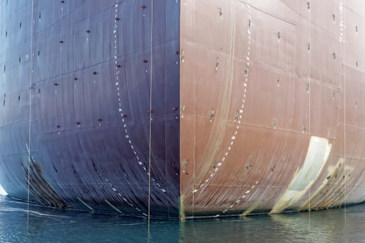 prow of cargo ship in shipyard, front view