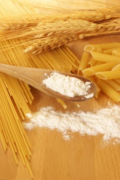 A photo of pasta and wheat up close in the kitchen.