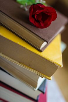 Closeup of stacked old books and textbook