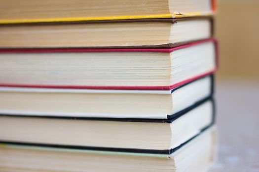 Closeup of stacked old books and textbook