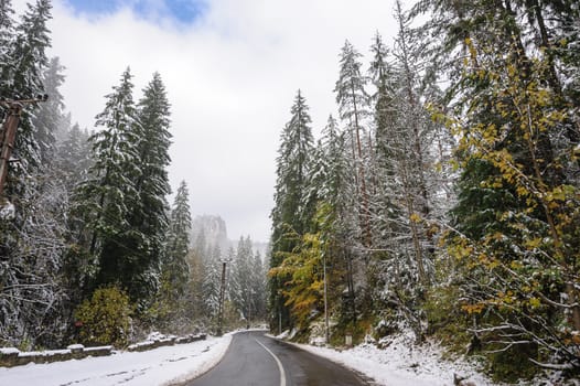 Mountain road in Bicaz Canyon, Romania, at later autumn. Canyon is one of the most spectacular roads in Romania.